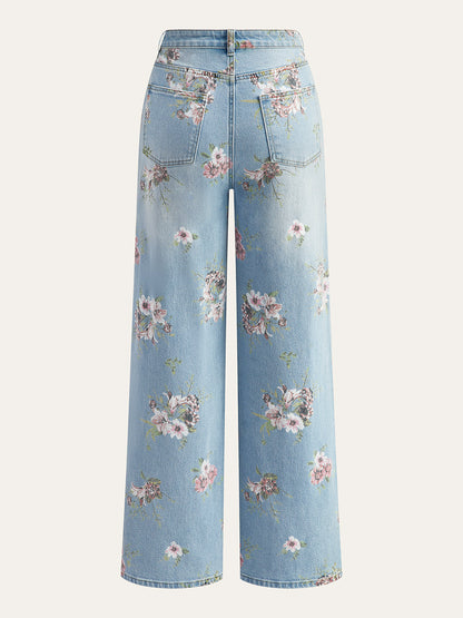 Denimbroek met bloemenprint en middelhoge taille