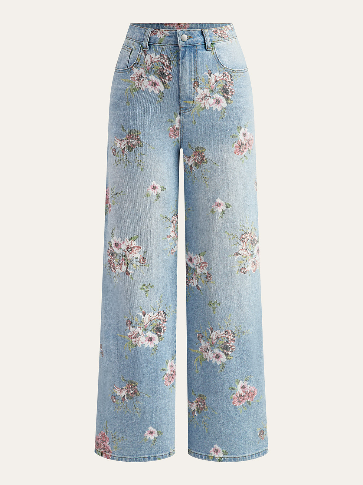 Denimbroek met bloemenprint en middelhoge taille