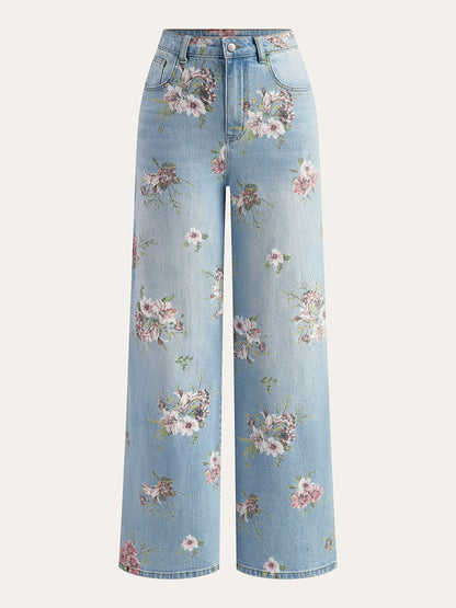 Denimbroek met bloemenprint en middelhoge taille