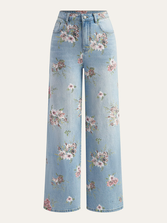 Denimhose mit Blumenmuster und mittelhoher Taille