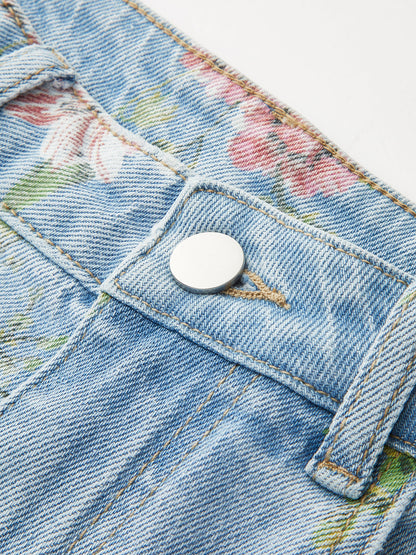 Denimbroek met bloemenprint en middelhoge taille