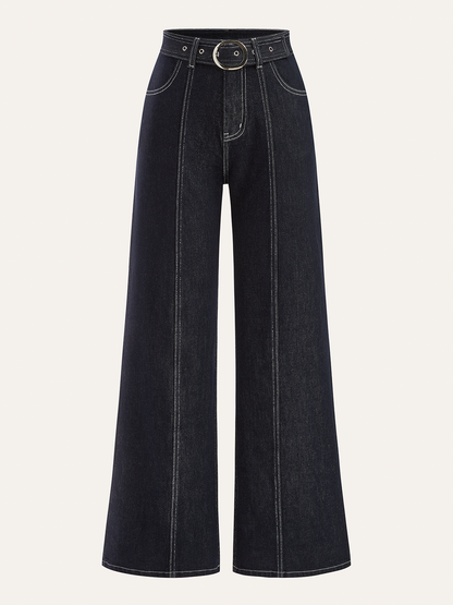 Denimbroek met contrasterende stiksels en ceintuur