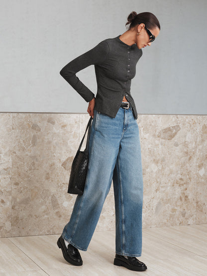 Longsleeve-T-shirt met opstaande kraag en knoopsluiting