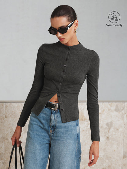 Longsleeve-T-shirt met opstaande kraag en knoopsluiting