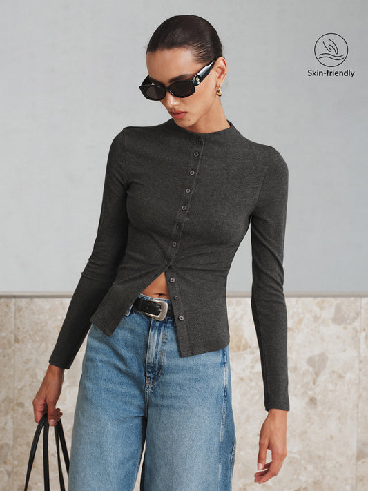 Longsleeve-T-shirt met opstaande kraag en knoopsluiting