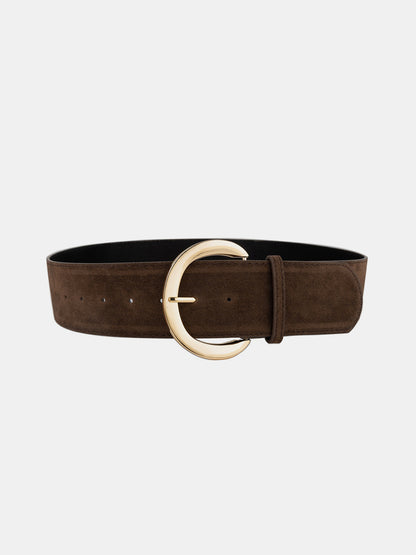 Wide suede belt with golden crescent moon buckle