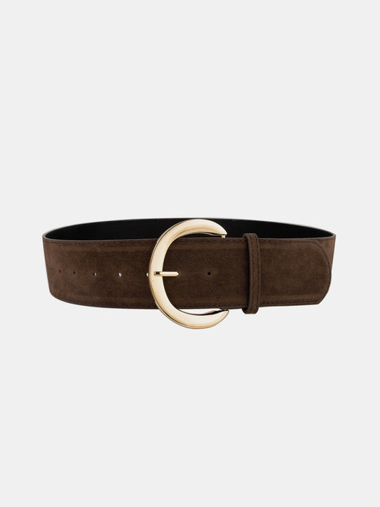 Wide suede belt with golden crescent moon buckle
