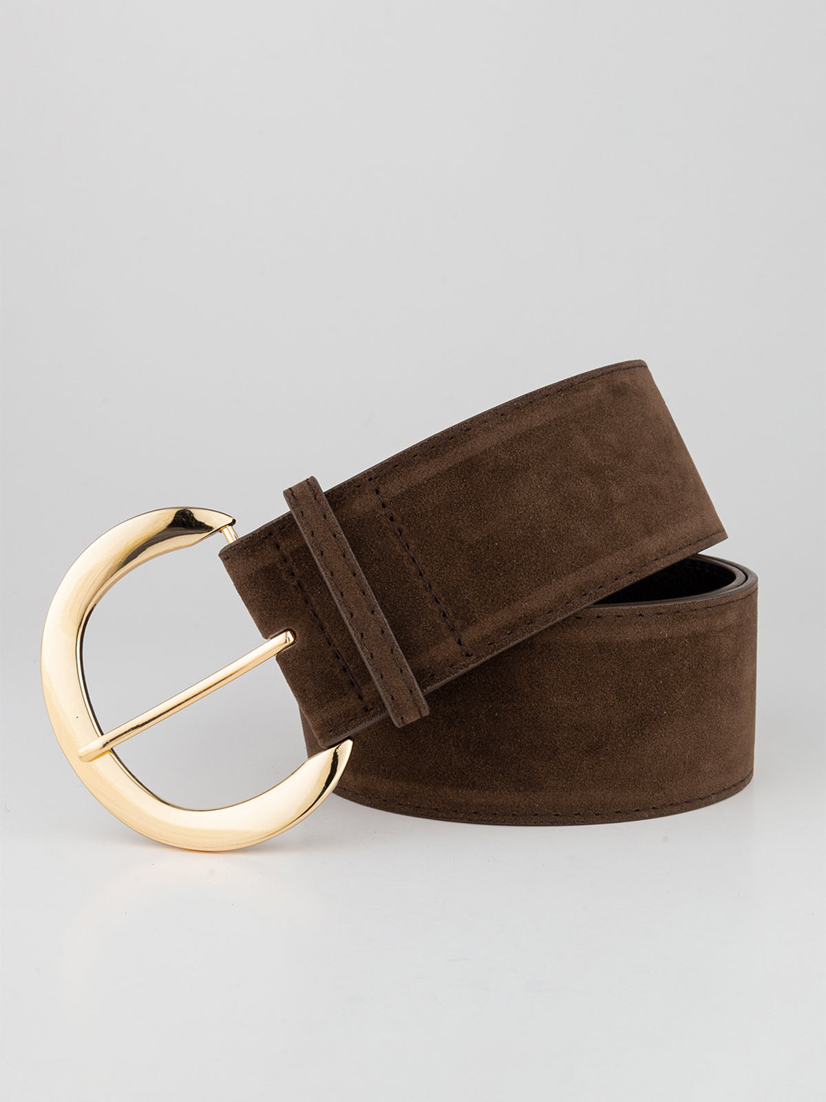Wide suede belt with golden crescent moon buckle