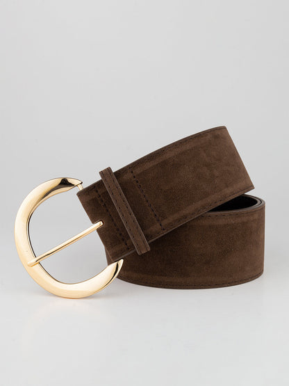 Wide suede belt with golden crescent moon buckle
