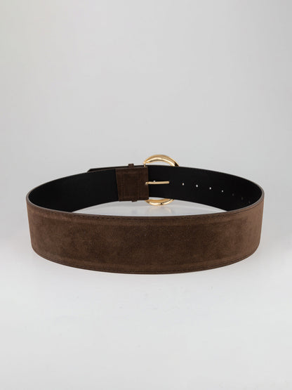 Wide suede belt with golden crescent moon buckle
