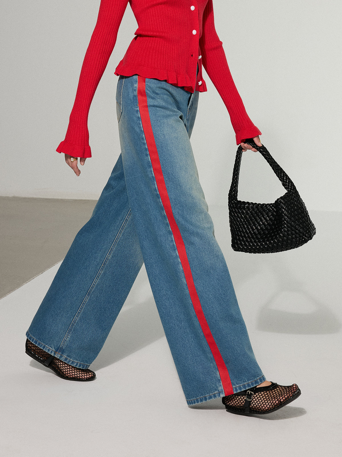 Contrast-gestreepte jeans met wijde pijpen