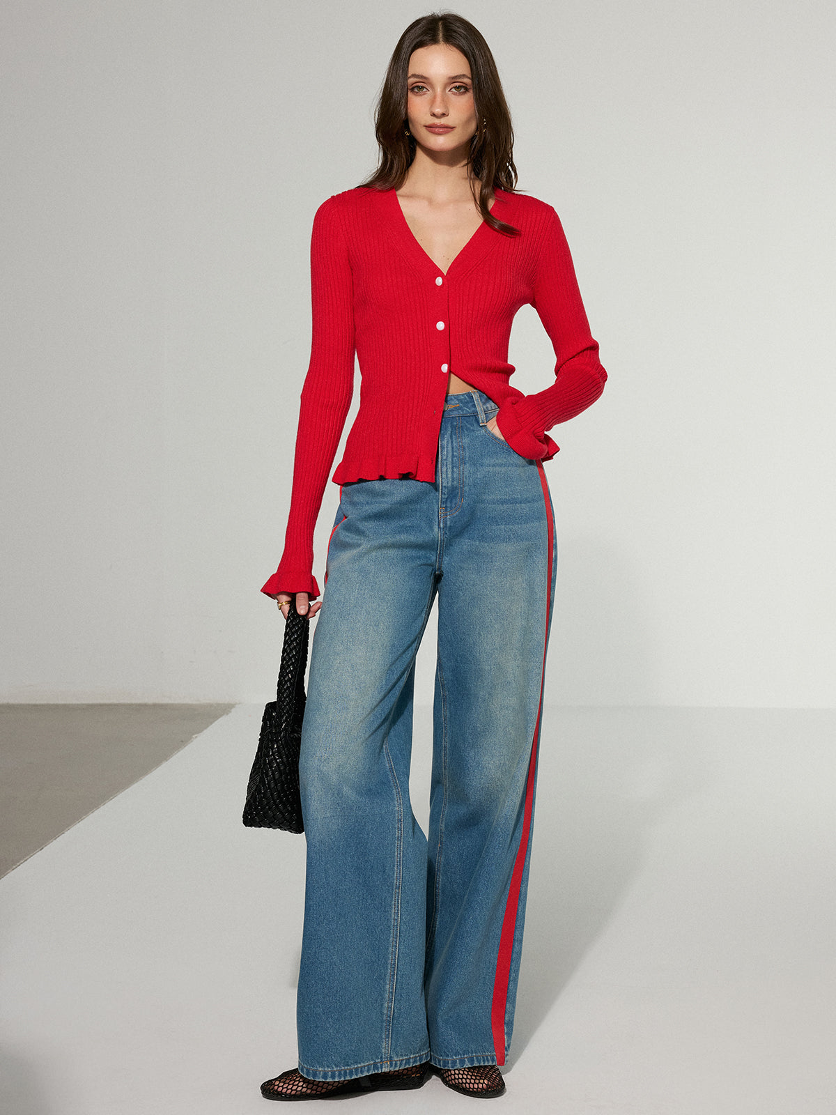 Contrast-gestreepte jeans met wijde pijpen