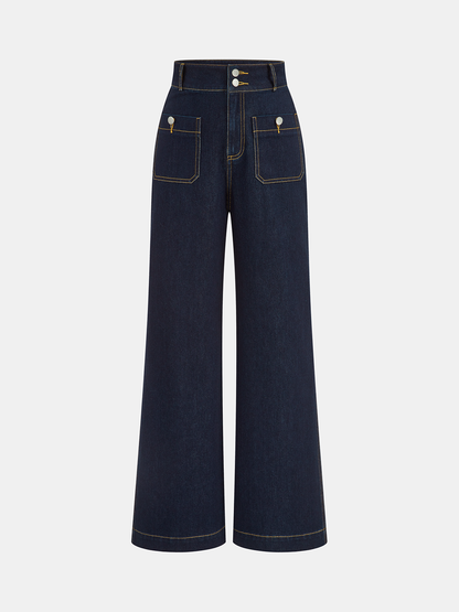 High-Waist Denimhose mit Doppelknopf und geradem Bein