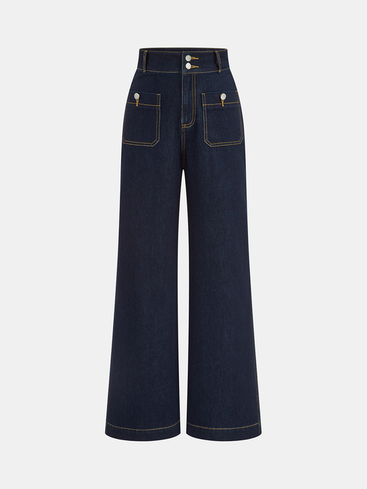 High-Waist Denimhose mit Doppelknopf und geradem Bein