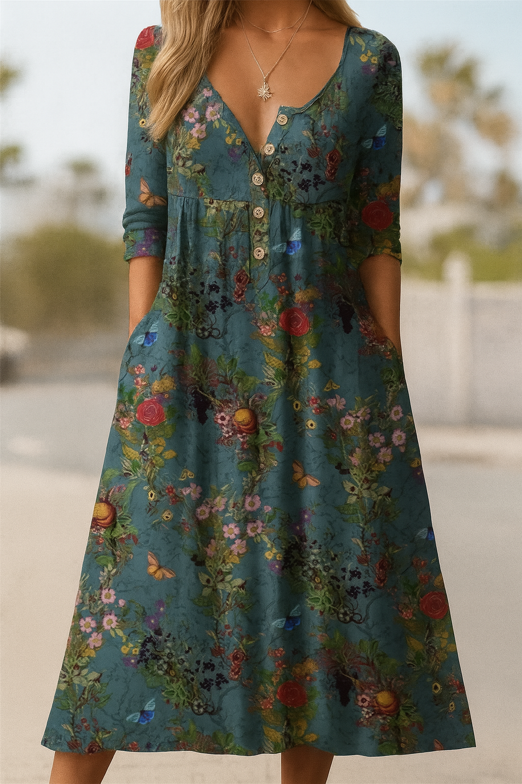 Barneys New York  | Schmetterlinge Floral Künstlerisch Plissiertes Hemdblusenkleid