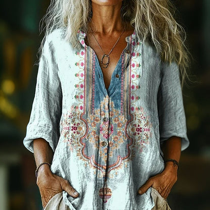 【Langarm】Vintage-Bluse mit Ethno-Muster