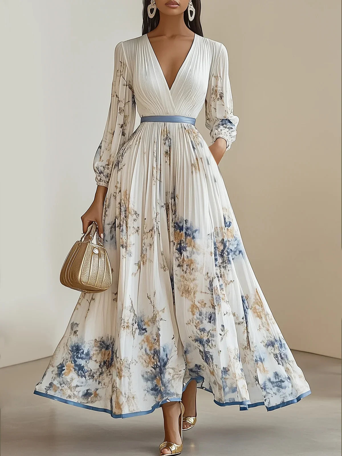 Halston - Elegante maxi-jurk met V-hals en pofmouwen