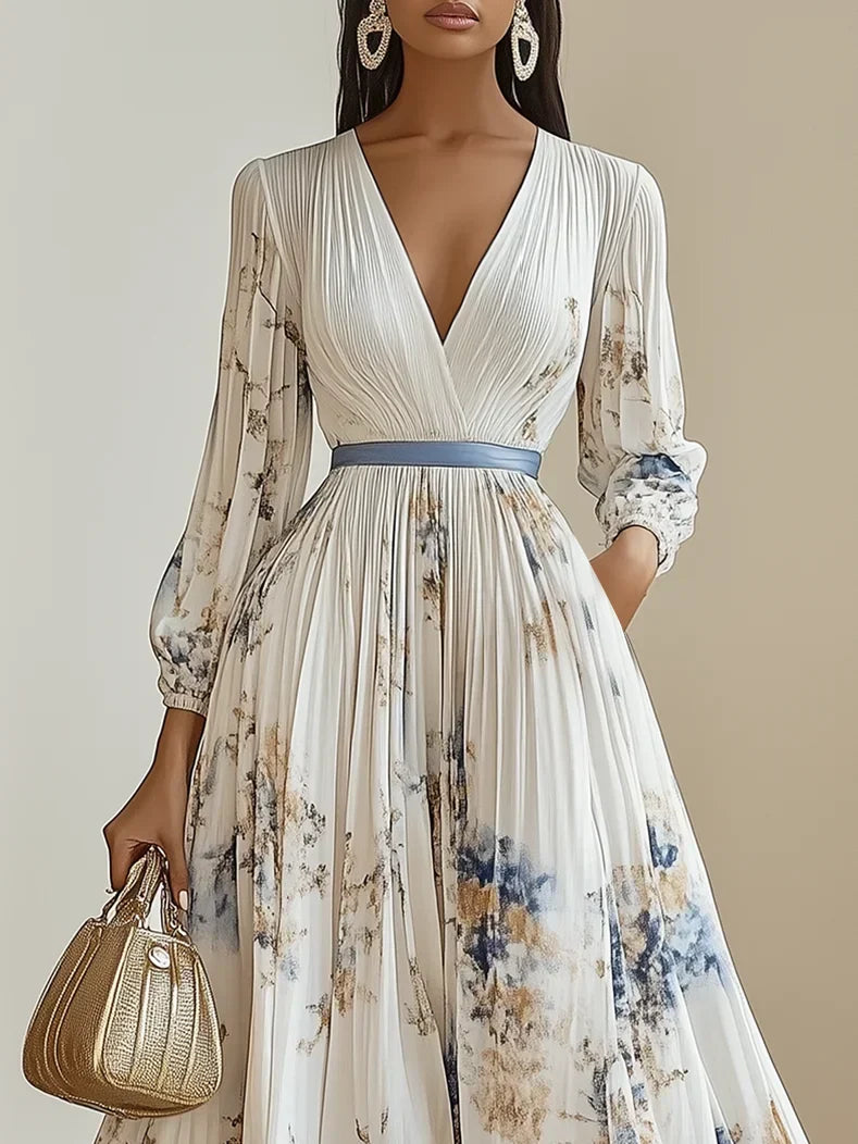 Halston - Elegante maxi-jurk met V-hals en pofmouwen