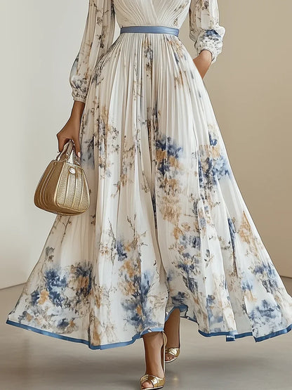 Halston - Elegante maxi-jurk met V-hals en pofmouwen