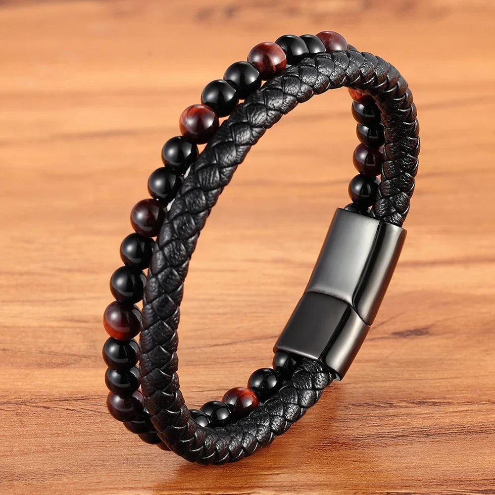 Valentia Natuursteen & Leren Armband – Dubbele Laag met Roestvrijstalen Magnetische Sluiting