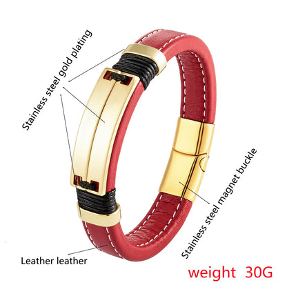 Caesarea Punk Double Row Bracelet – Smooth Multicolor Stainless Steel & Wide Leather
