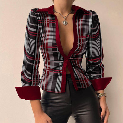 Silvia | V-hals PU-leer bedrukte blouse met lange mouwen en patchwork