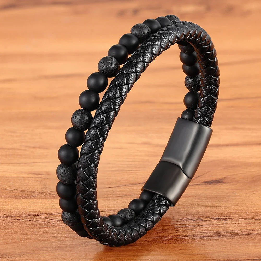 Valentia Natuursteen & Leren Armband – Dubbele Laag met Roestvrijstalen Magnetische Sluiting