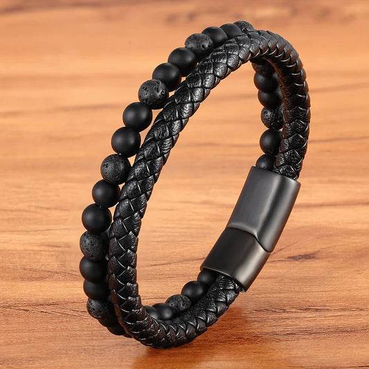 Valentia Natuursteen & Leren Armband – Dubbele Laag met Roestvrijstalen Magnetische Sluiting