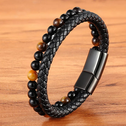 Valentia Natuursteen & Leren Armband – Dubbele Laag met Roestvrijstalen Magnetische Sluiting