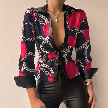 Silvia | V-hals PU-leer bedrukte blouse met lange mouwen en patchwork