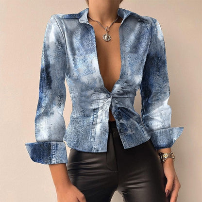 Silvia | V-hals PU-leer bedrukte blouse met lange mouwen en patchwork