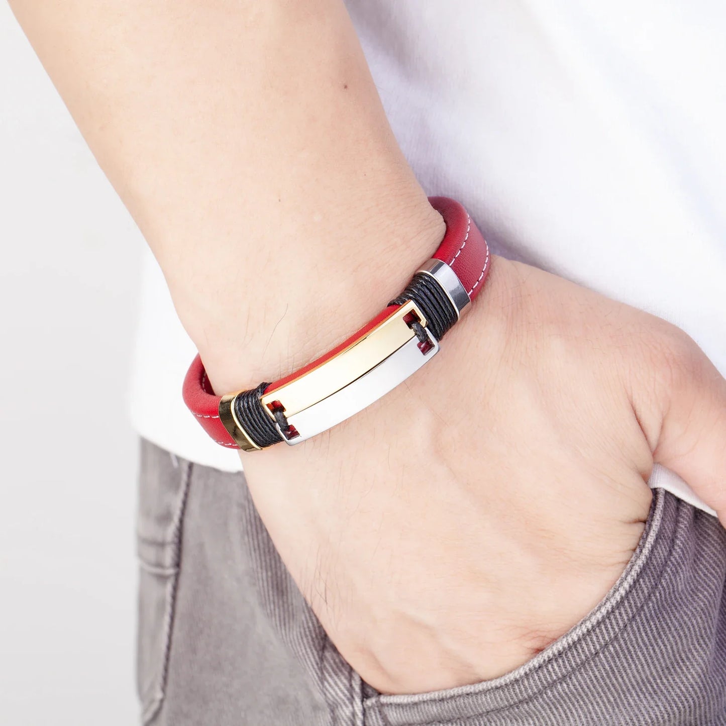 Caesarea Punk Double Row Bracelet – Smooth Multicolor Stainless Steel & Wide Leather