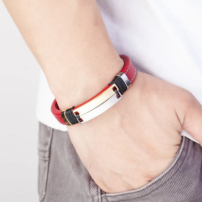 Caesarea Punk Double Row Bracelet – Smooth Multicolor Stainless Steel & Wide Leather