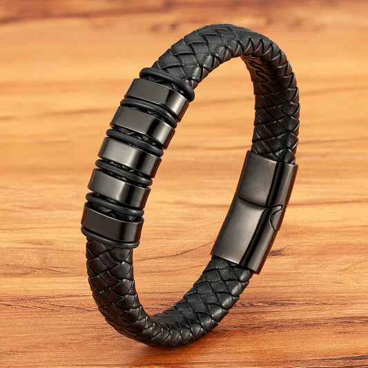 Venetulon Gevlochten Leren Armband – Zwart Touw & Magnetische Stalen Sluiting voor Mannen