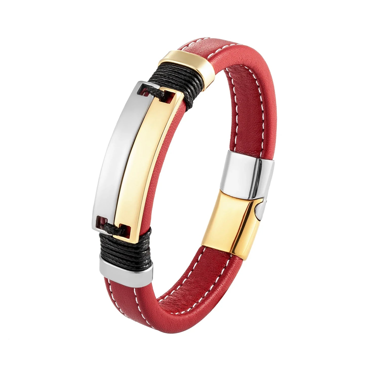 Caesarea Punk Double Row Bracelet – Smooth Multicolor Stainless Steel & Wide Leather