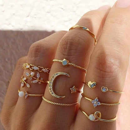 10-delige set Boheemse zilverkleurige en vergulde ringen