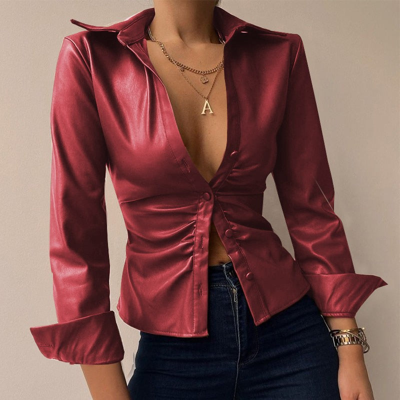 Silvia | V-hals PU-leer bedrukte blouse met lange mouwen en patchwork