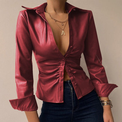 Silvia | V-hals PU-leer bedrukte blouse met lange mouwen en patchwork