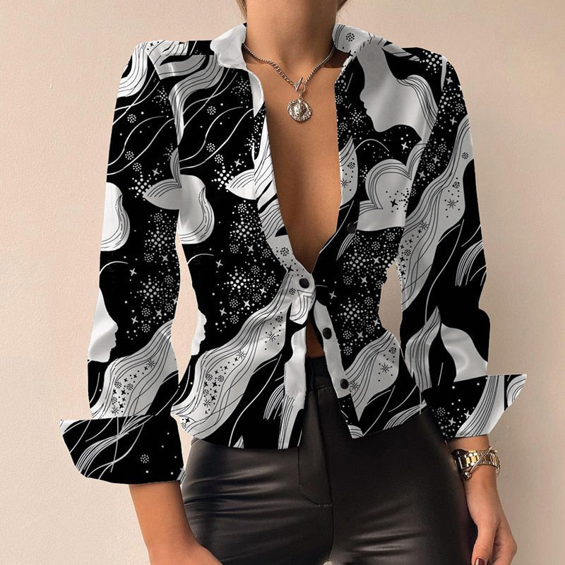 Silvia | V-hals PU-leer bedrukte blouse met lange mouwen en patchwork