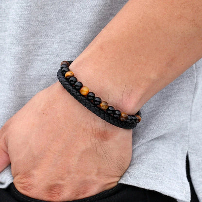 Valentia Natuursteen & Leren Armband – Dubbele Laag met Roestvrijstalen Magnetische Sluiting