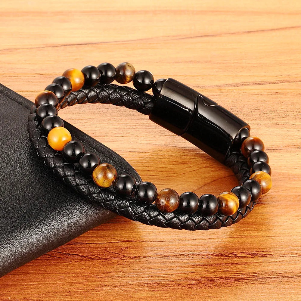 Valentia Natuursteen & Leren Armband – Dubbele Laag met Roestvrijstalen Magnetische Sluiting