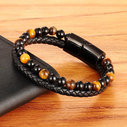 Valentia Natuursteen & Leren Armband – Dubbele Laag met Roestvrijstalen Magnetische Sluiting