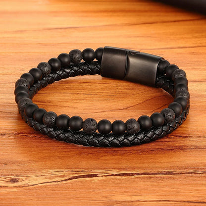 Valentia Natuursteen & Leren Armband – Dubbele Laag met Roestvrijstalen Magnetische Sluiting