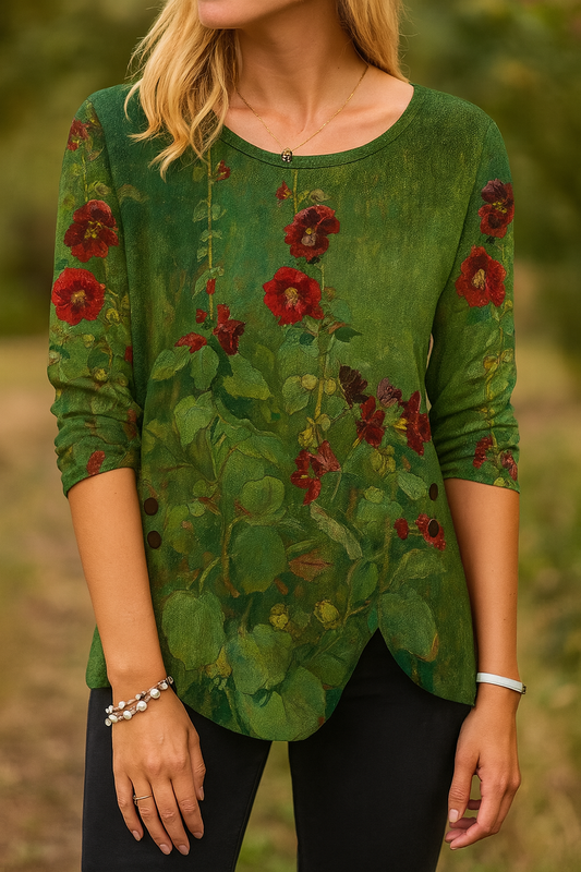 Barneys New York | Hollyhocks Kunstdruck T-shirt met split en knoopsluiting