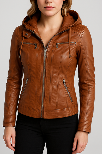 Selina - Modieus waterdicht leren jack met capuchon voor dames