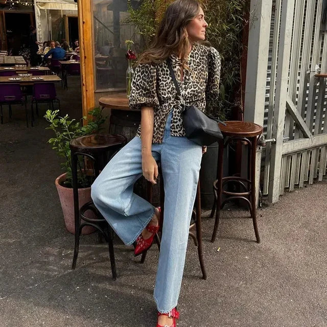 Rose | Trendy blouse met luipaardprint en pofmouwen