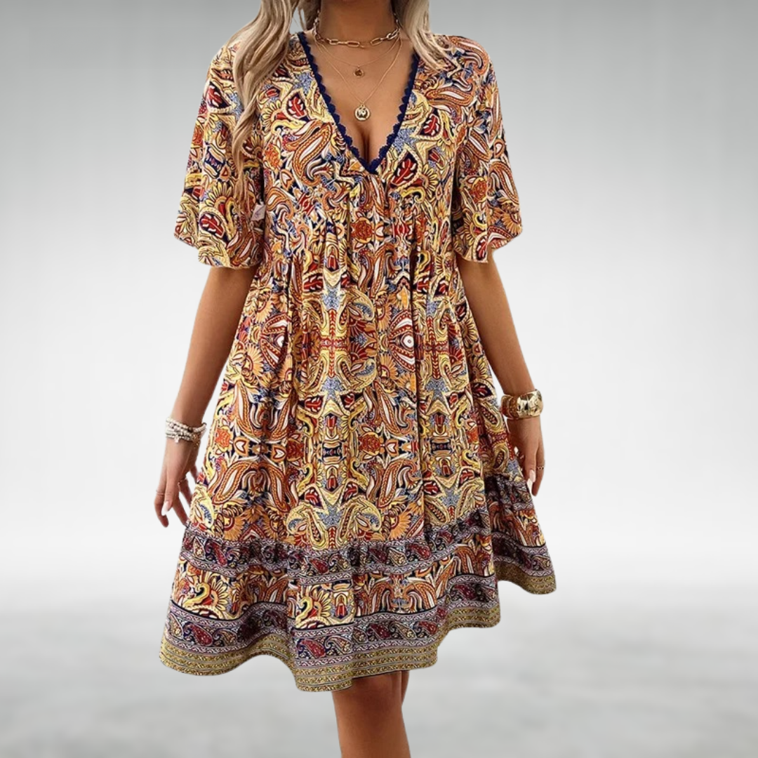 Adriana - Zomerse Boho Paisley Print Minijurk