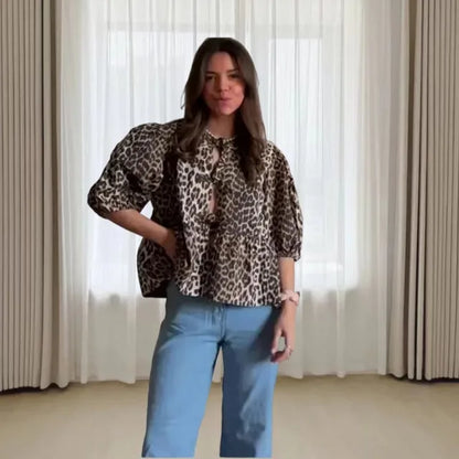 Rose | Trendy blouse met luipaardprint en pofmouwen