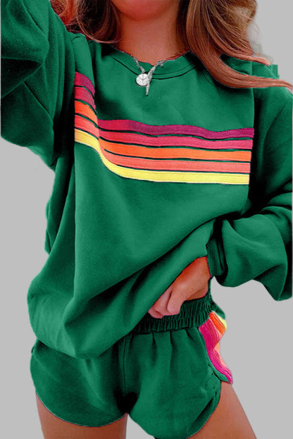 Beau - Bequemes gestreiftes Crew-Neck-Top und Shorts Schlafanzug-Set