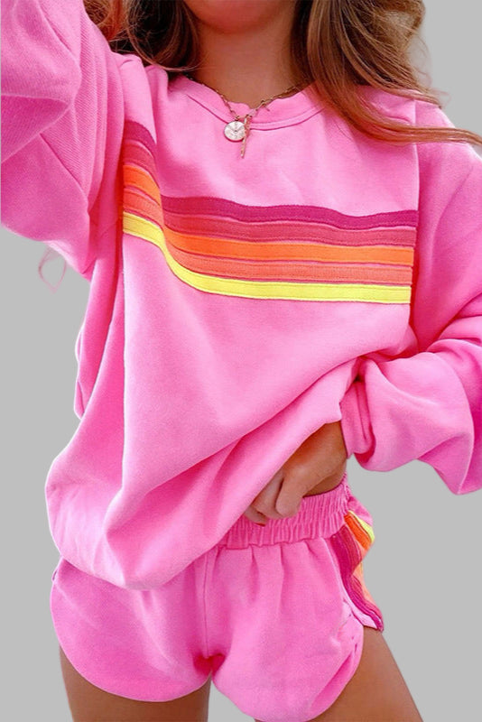 Beau - Bequemes gestreiftes Crew-Neck-Top und Shorts Schlafanzug-Set